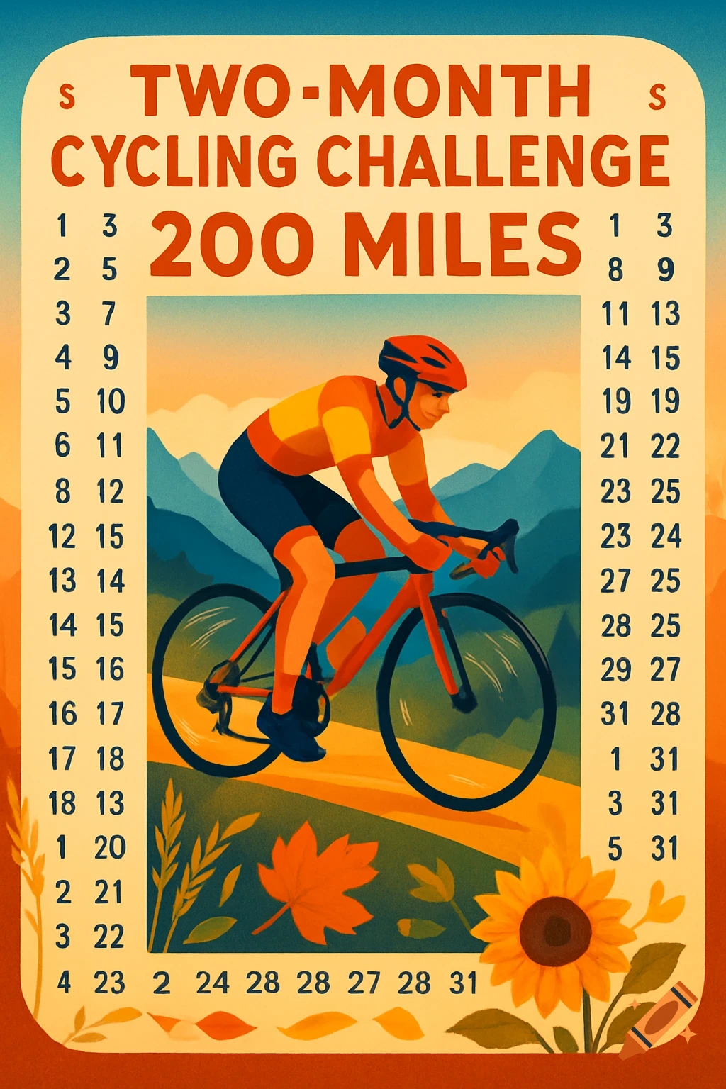A colorful poster for a 'Two-Month Cycling Challenge 200 Miles' features a cyclist riding through a mountain landscape at sunset, surrounded by autumnal leaves and a sunflower.