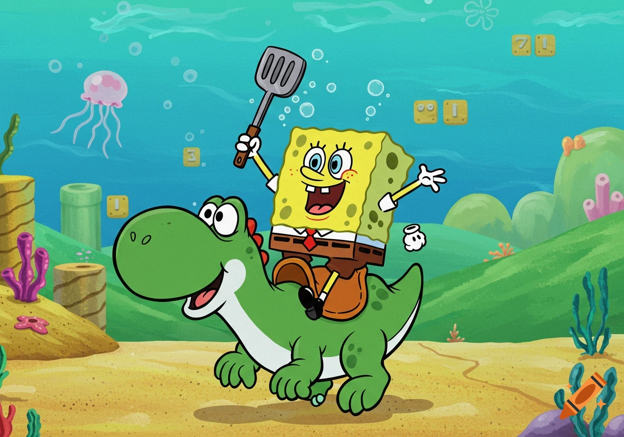 SpongeBob SquarePants riding a green Yoshi through an underwater Mario-style world, holding a spatula like a sword. A jellyfish floats nearby.