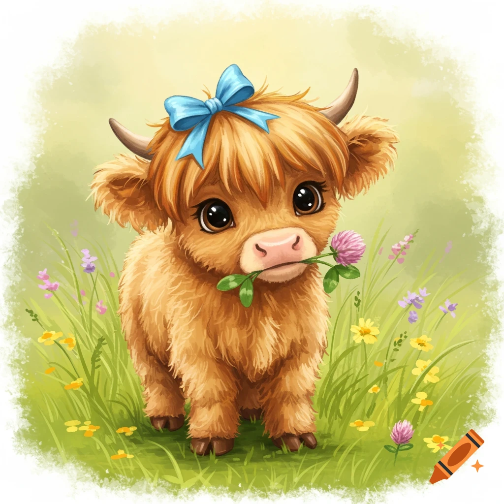 A cute cartoon baby highland cow with a blue bow, holding a clover in its mouth, standing in a field of green grass and wildflowers.