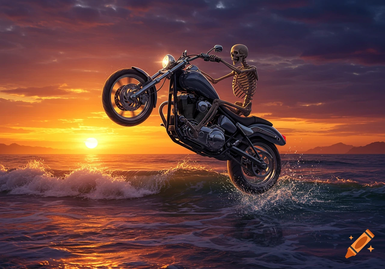 A skeleton rides a motorcycle, doing a wheelie over ocean waves at a vivid sunset.