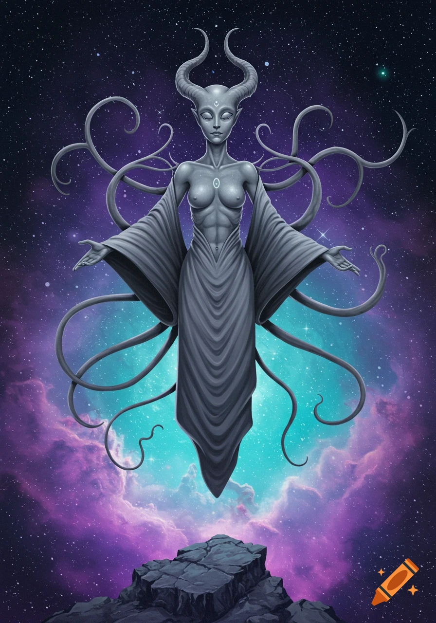 A gray-skinned alien woman with horns and tendrils floats in meditation above a cliff, set against a vibrant purple and blue cosmic background.