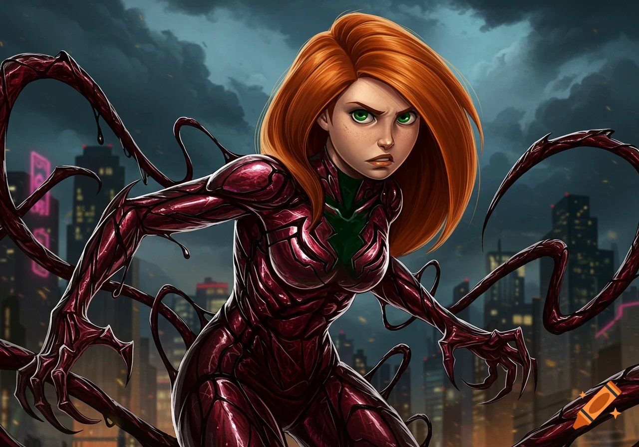 Kim Possible in a red Carnage symbiote suit with tendrils and claws, standing against a dark cityscape with neon lights in comic art style.