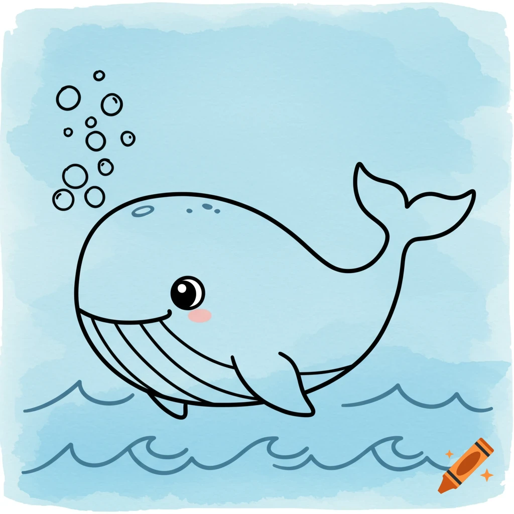 A cute cartoon whale swims in blue water with bubbles rising.