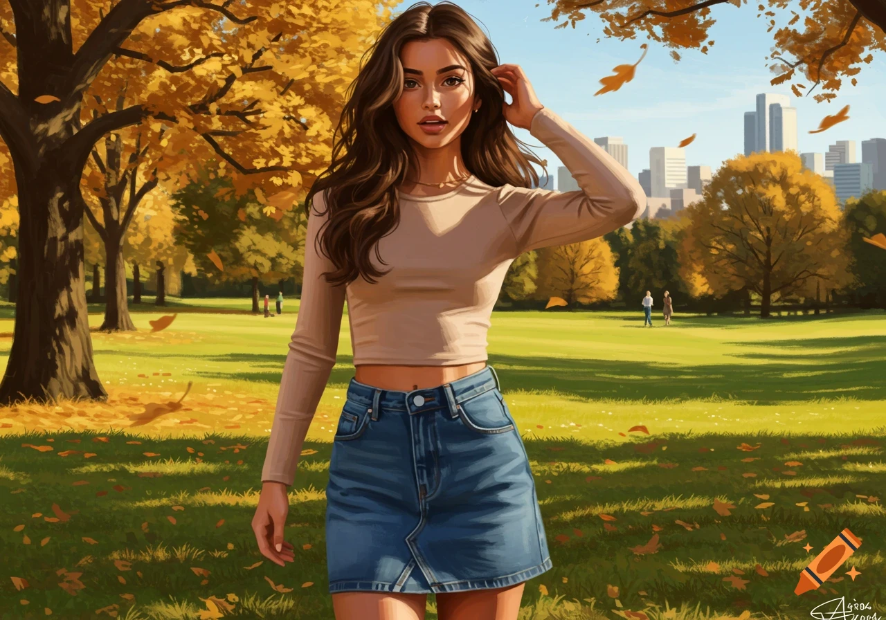 A young woman in a beige long-sleeve crop top and denim mini skirt stands in an autumn park with golden trees and a city skyline.