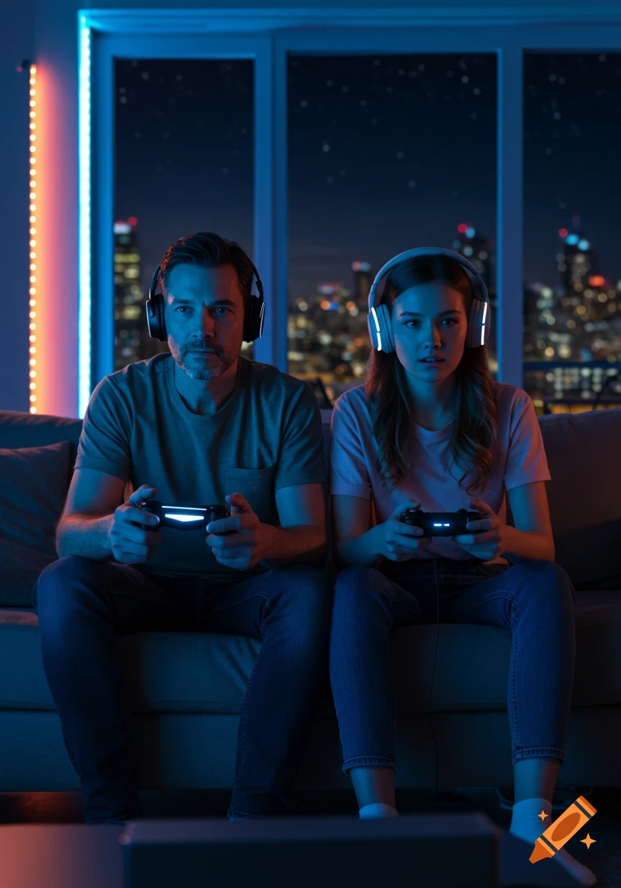 A man and a woman in headphones playing video games on a couch at night, with a city skyline visible through windows.