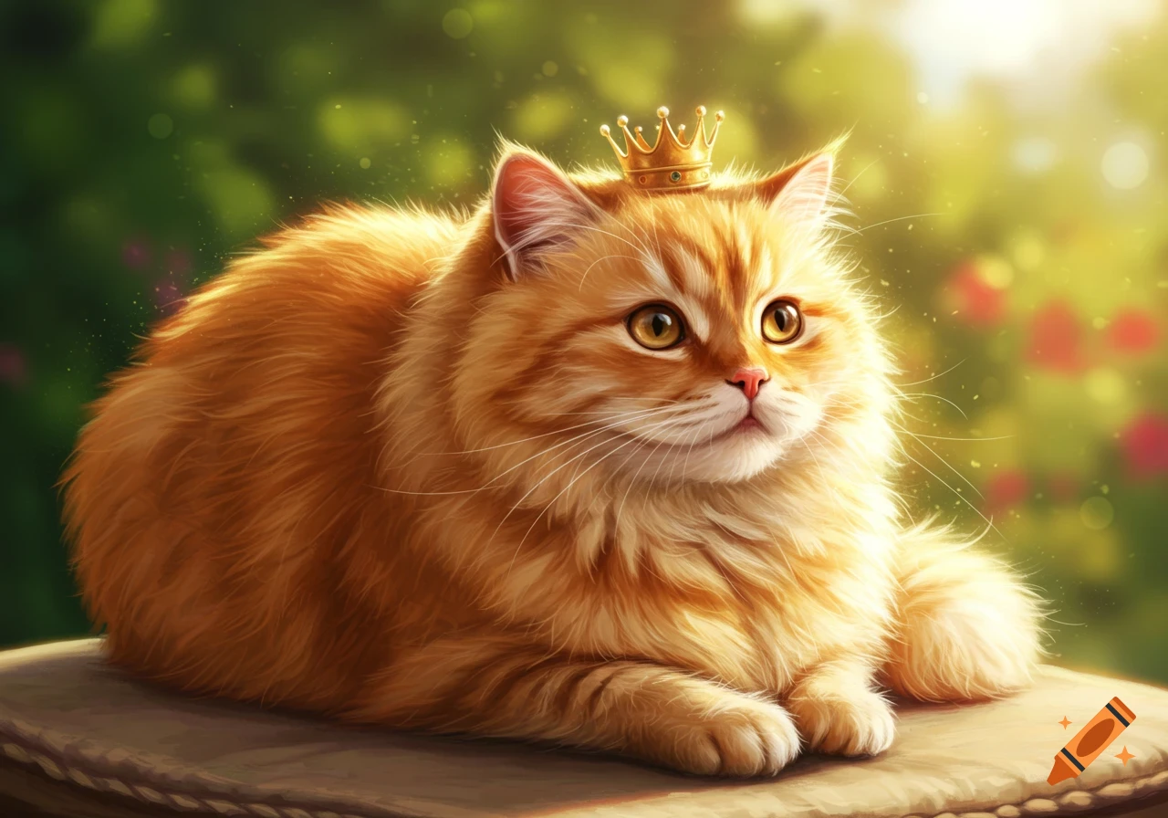 A fluffy orange cat wearing a small golden crown, lying on a cushion in a sunny garden.