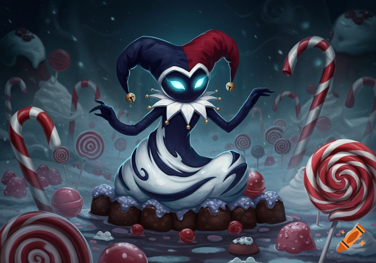 A dark jester character with glowing blue eyes and a harlequin hat sits among giant lollipops and candy canes in a snowy, whimsical candy land.