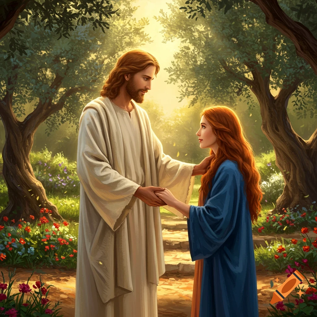 Jesus and Mary Magdalene holding hands in a sunlit garden path surrounded by olive trees and flowers, in a spiritual art style.