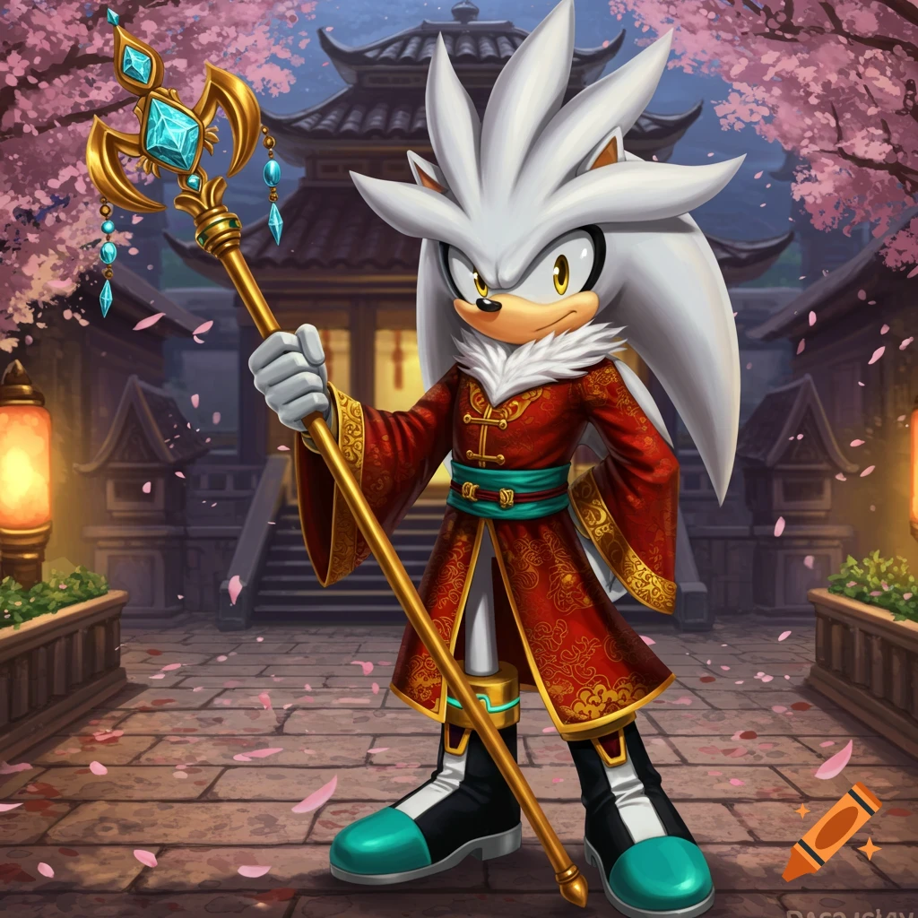 Silver the Hedgehog in a red traditional Chinese robe holds a golden staff amidst a cherry blossom courtyard with a pagoda.