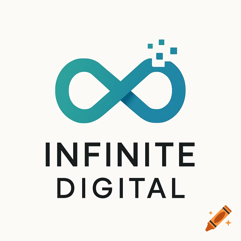 A minimalist logo with a teal-to-blue gradient infinity symbol, featuring digital pixel effects, above the words "INFINITE DIGITAL."