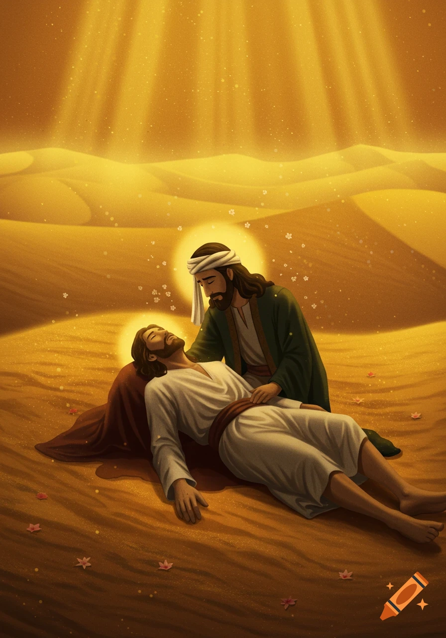 An illustrated scene of a man in ancient attire kneeling beside another man lying on a red cloth in a golden desert with radiant light from above.