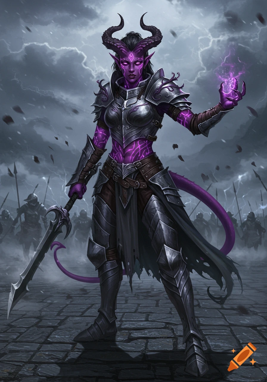 A purple-skinned tiefling warrior in dark armor holds a sword and casts purple lightning magic on a stormy battlefield.