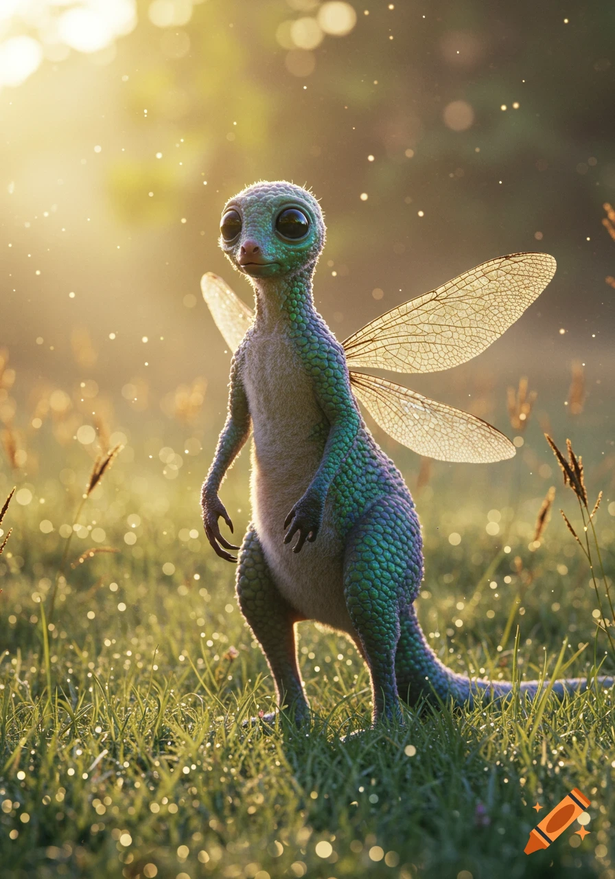 A small, green and teal, scaly bipedal creature with large dragonfly-like wings stands in a sun-drenched grassy field with sparkling bokeh lights.