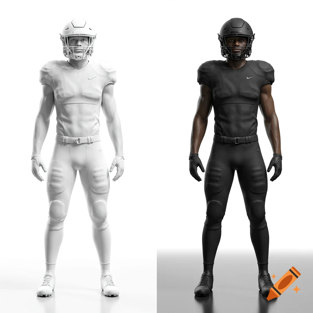 Two photorealistic American football players standing upright against a white background, one in a white uniform and the other in a black uniform.