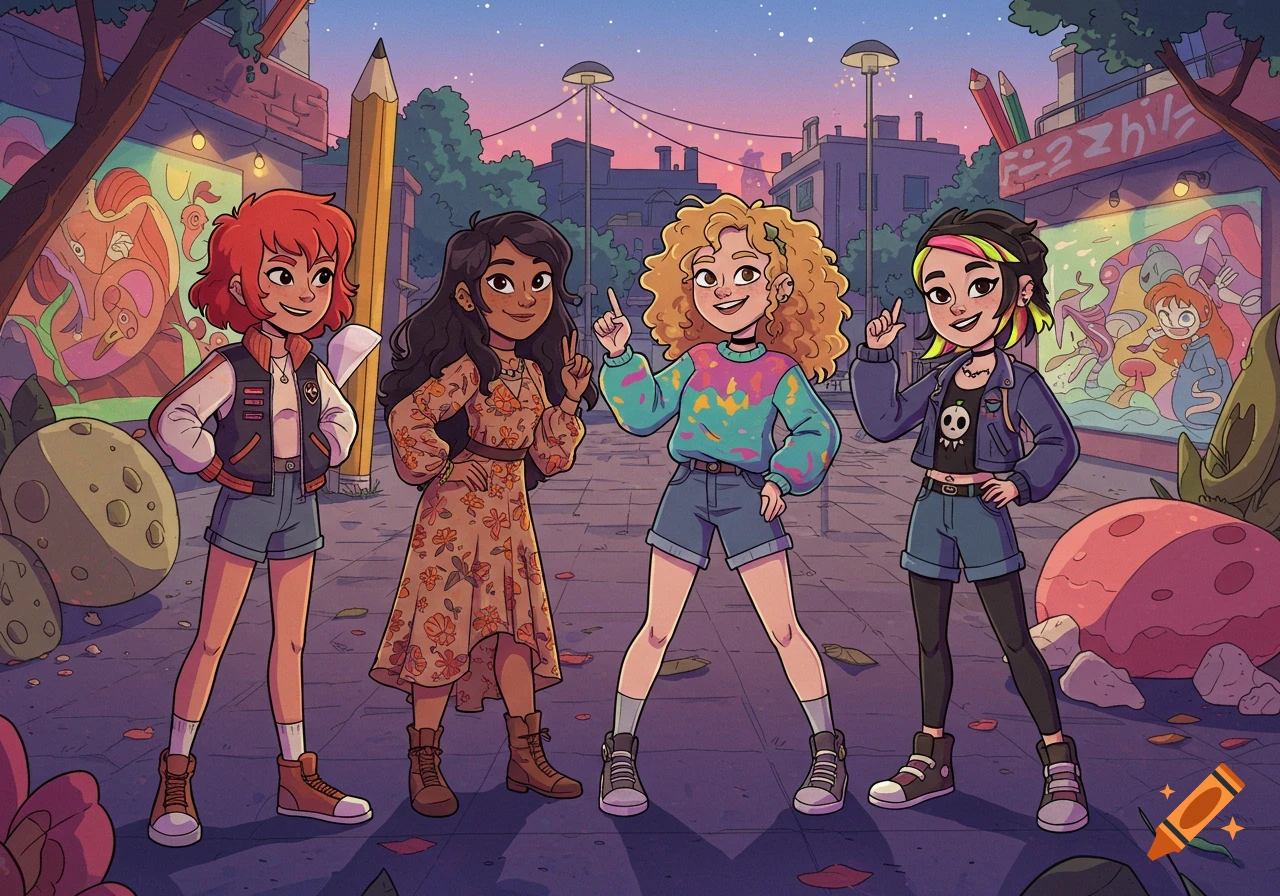 Four diverse cartoon girls in a vibrant street scene with murals and a large pencil.