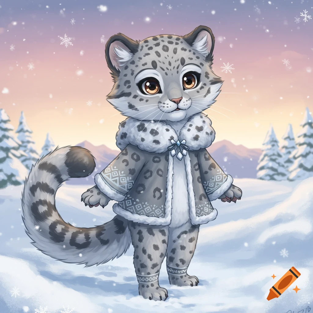 A cute Kemono Friends style snow leopard with hazel eyes in a winter coat stands in a snowy landscape.