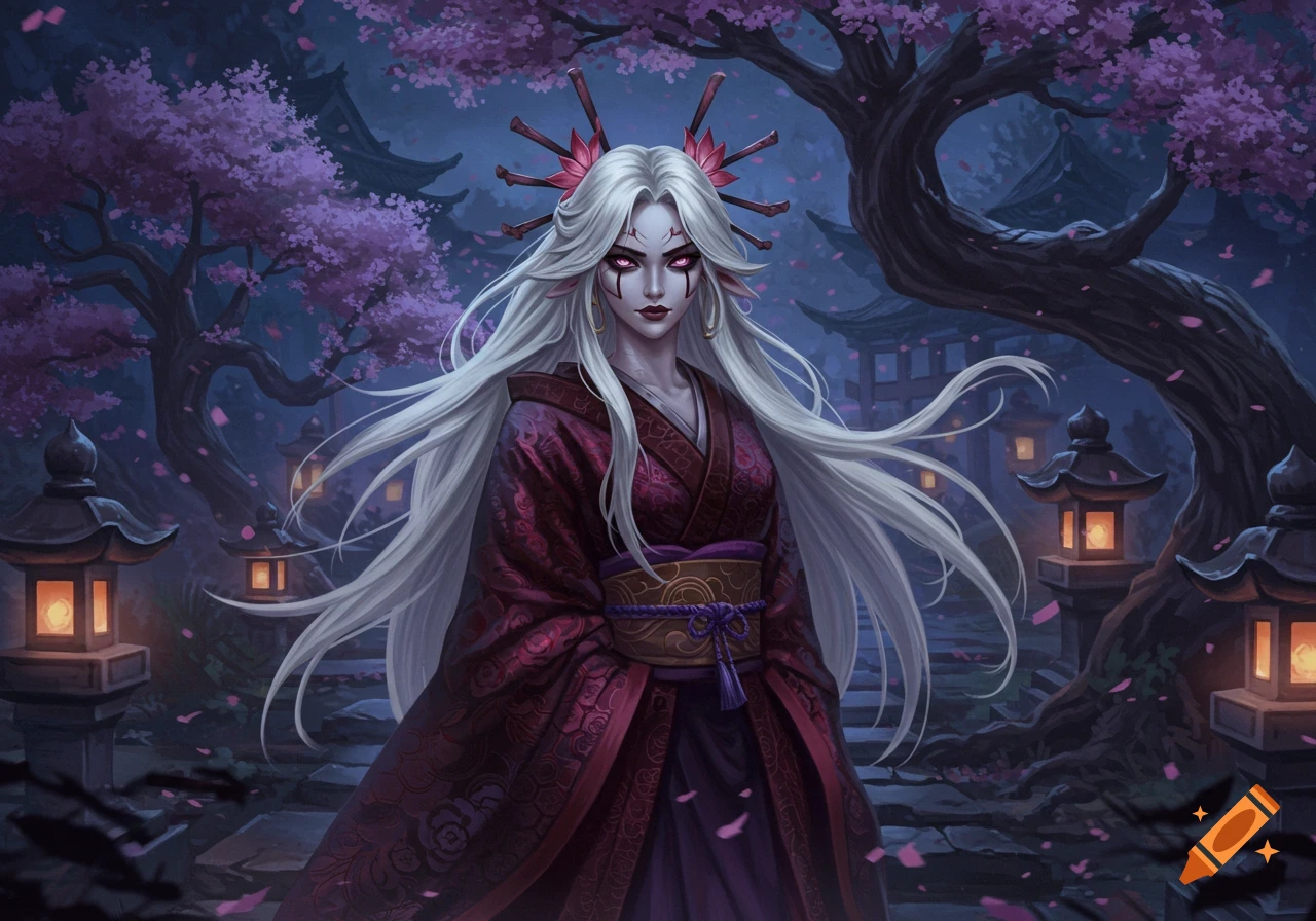 A white-haired demon woman in a purple kimono stands in a moonlit Japanese garden with cherry blossoms and lanterns, in a fantasy art style.
