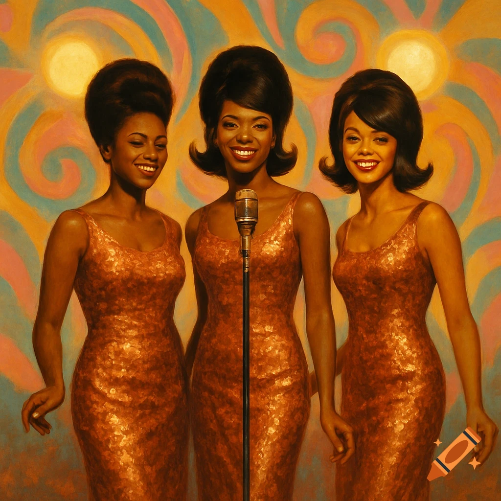 Three Black women in sparkly dresses with 1960s bouffant hairstyles stand around a microphone against a vibrant, swirling background.