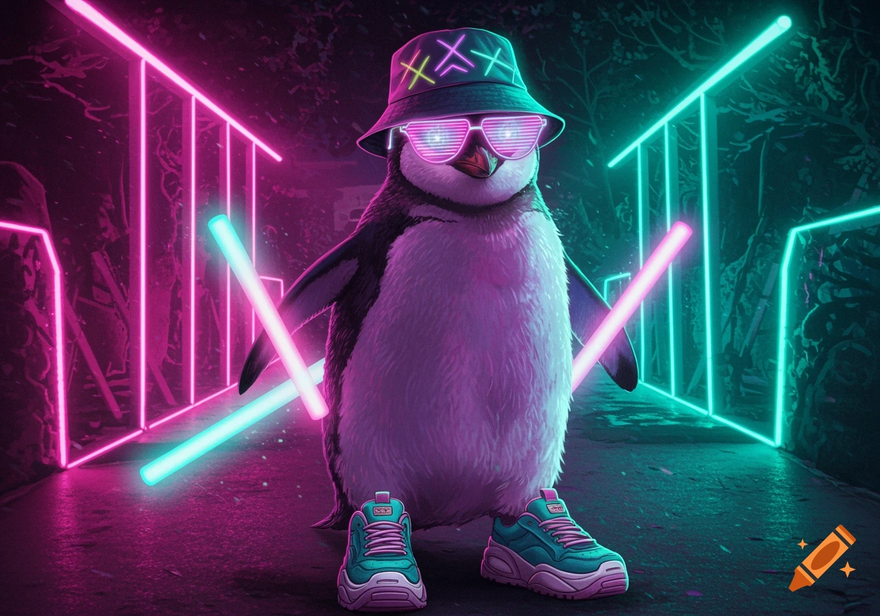 A cool penguin wearing rave sunglasses, a neon bucket hat with X symbols, holding glowsticks, and oversized sneakers, standing in a dark setting with glowing neon lights.