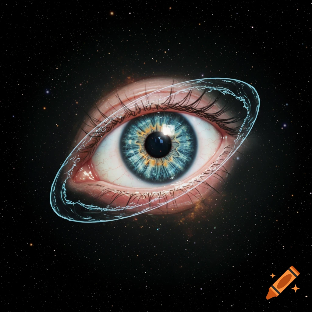 A highly detailed, realistic blue and yellow eye, with a translucent, swirling blue ring, set against a dark, star-filled cosmic background.