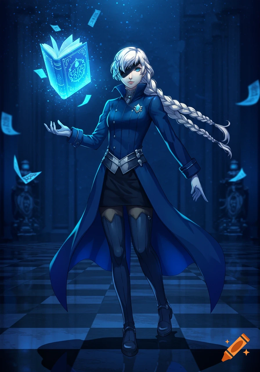 An anime woman with white braided hair and an eye patch, wearing a blue coat, stands in a dark room with a floating glowing blue book and papers.