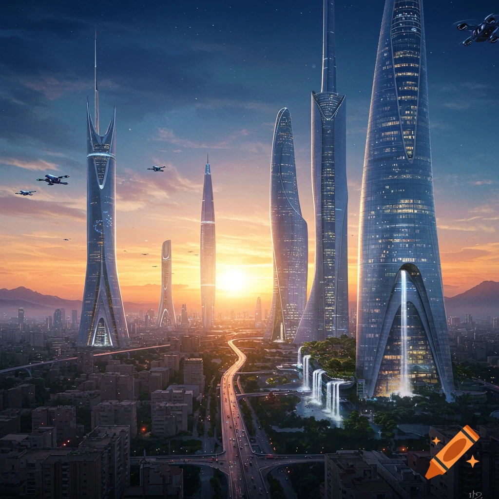 Photorealistic image of a futuristic cityscape with towering skyscrapers, flying vehicles, and waterfalls at sunset.