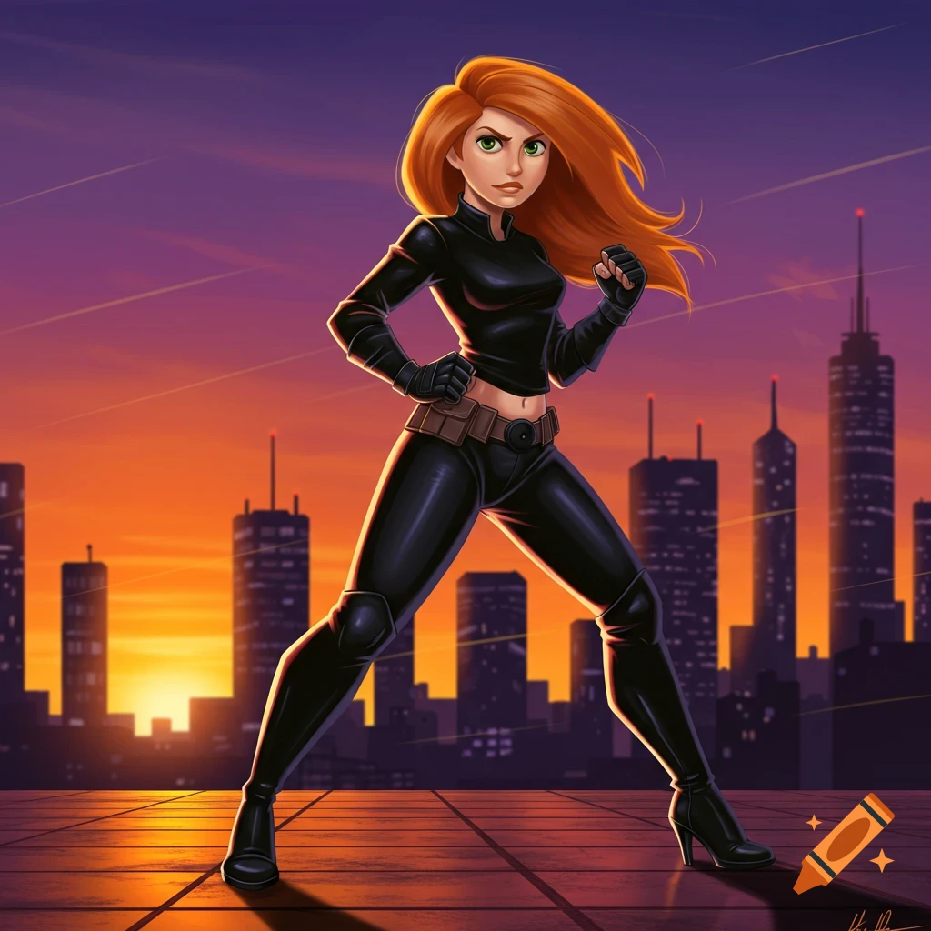Cartoon style illustration of Kim Possible in a black suit and boots, striking a pose on a rooftop with a city skyline at sunset.