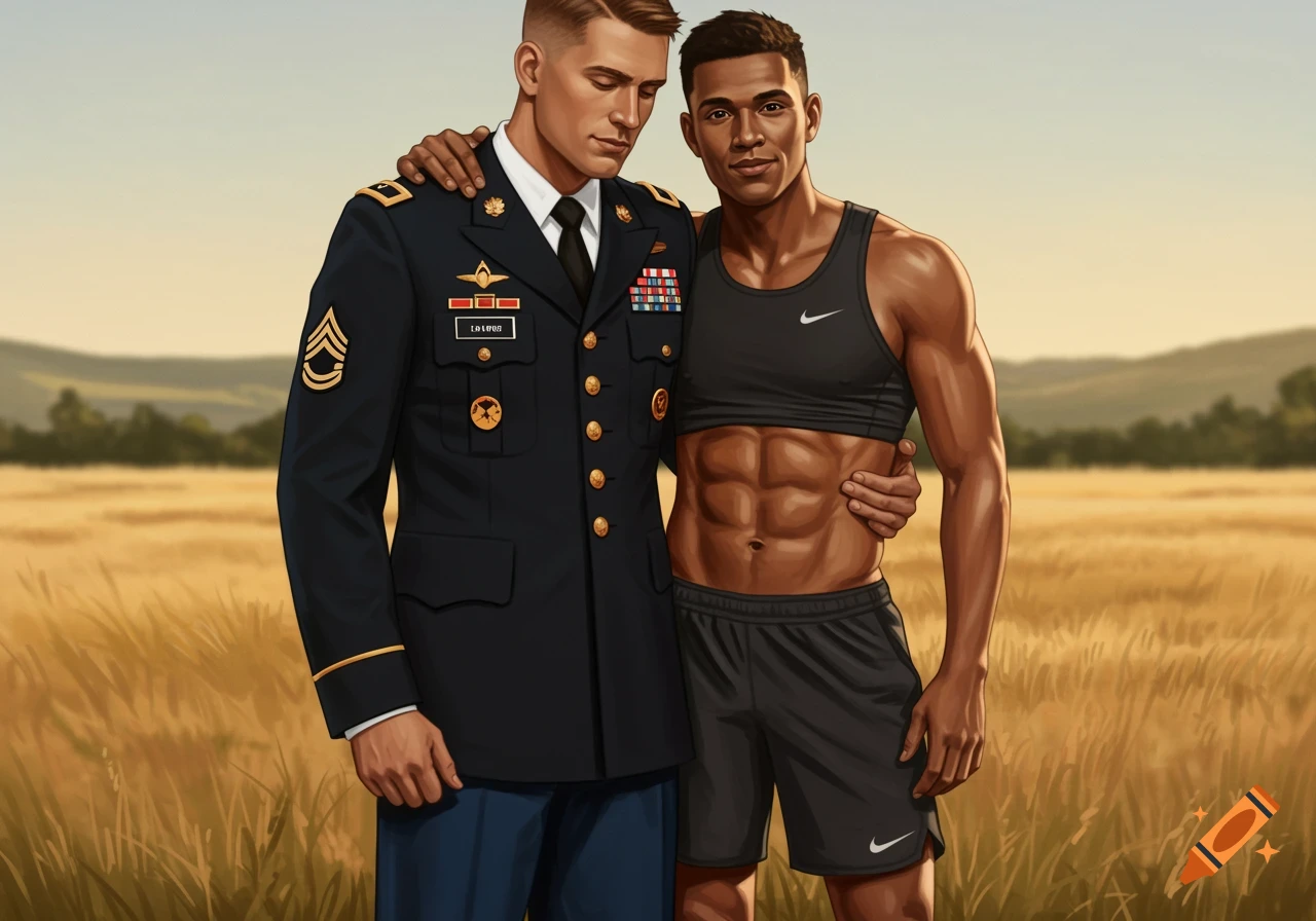 Two muscular men embracing in a field; one in a military uniform, the other in a black sports top and shorts. The image has an illustrated style.