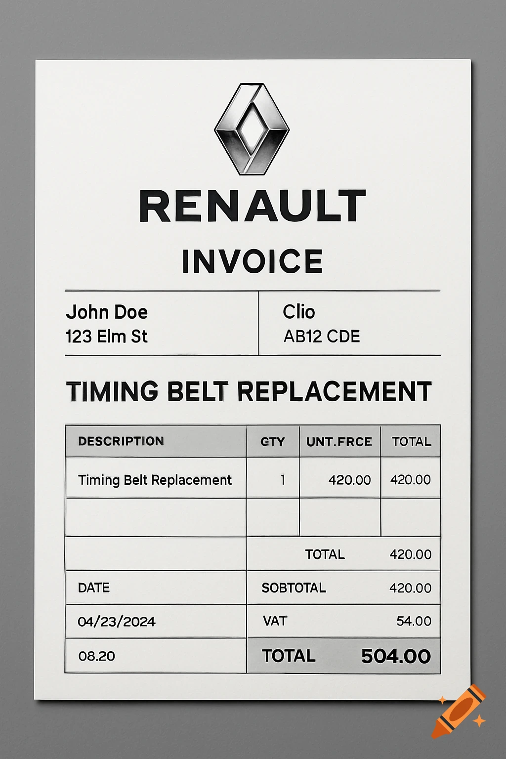 A white paper invoice from Renault for a timing belt replacement, showing details like customer name, car model, and total cost.