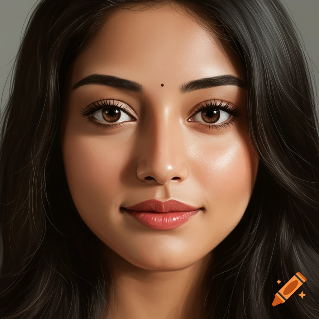 Close-up photorealistic portrait of a young Indian woman with long dark hair, brown eyes, and full lips, wearing a bindi.