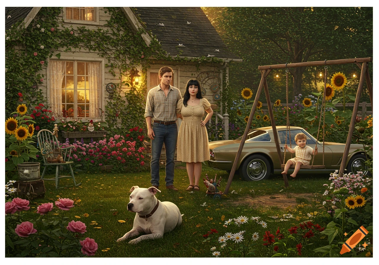 A family with a man, woman, toddler, and white pitbull dog stand in a lush garden outside an ivy-covered cottage with a vintage car and swing set.