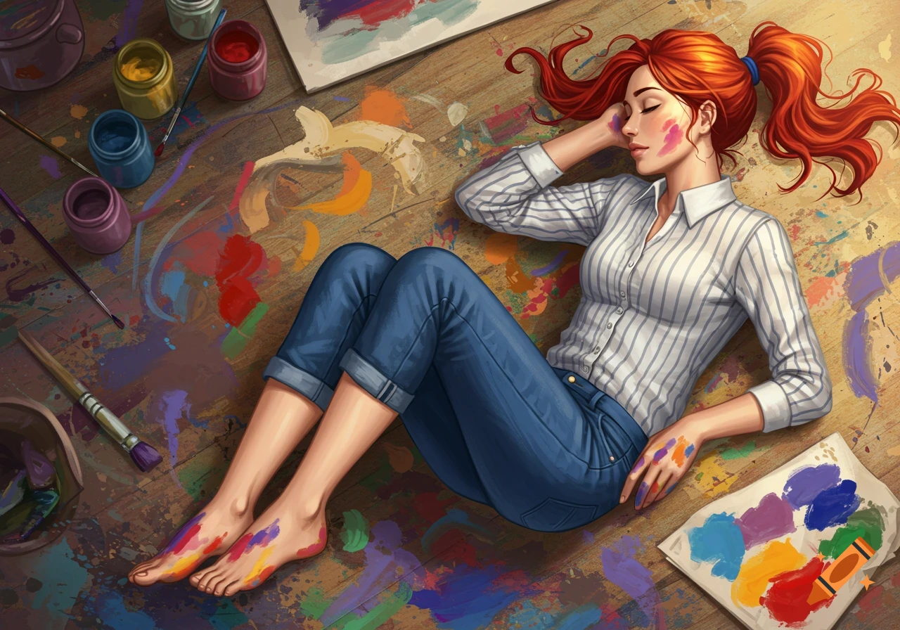 Illustrated red-haired woman with paint on her face and feet, resting on a paint-splattered floor with art supplies.