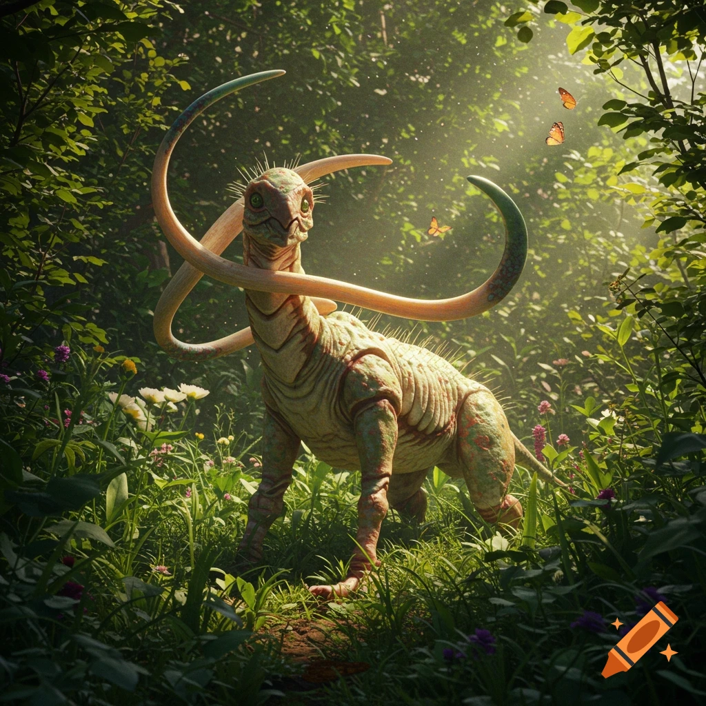A fantasy creature with long curved horns and bumpy skin stands in a sunlit forest clearing with butterflies.