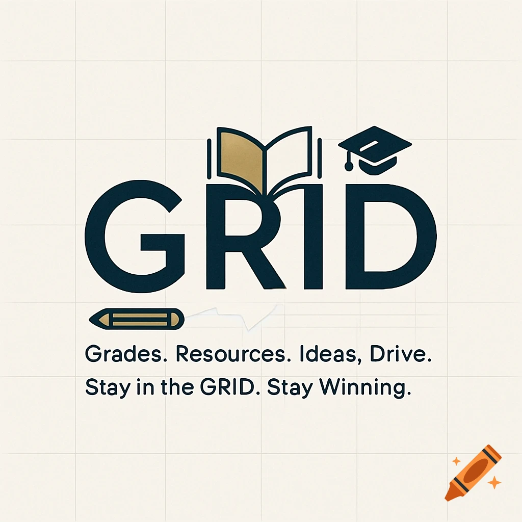 A minimalist logo for GRID. The word GRID is in dark blue, with the 'i' stylized as an open book. Below it reads 'Grades. Resources. Ideas, Drive.' and 'Stay in the GRID. Stay Winning.' A pencil and graduation cap icon are also present.
