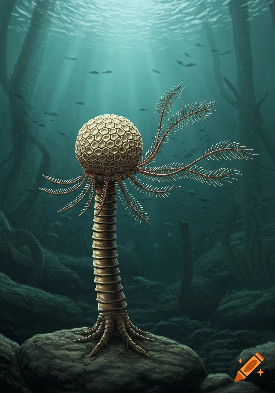 Palaeoart illustration of an extinct, benthic crinoid with a segmented column and feathery arms, gripping a rocky substrate underwater.