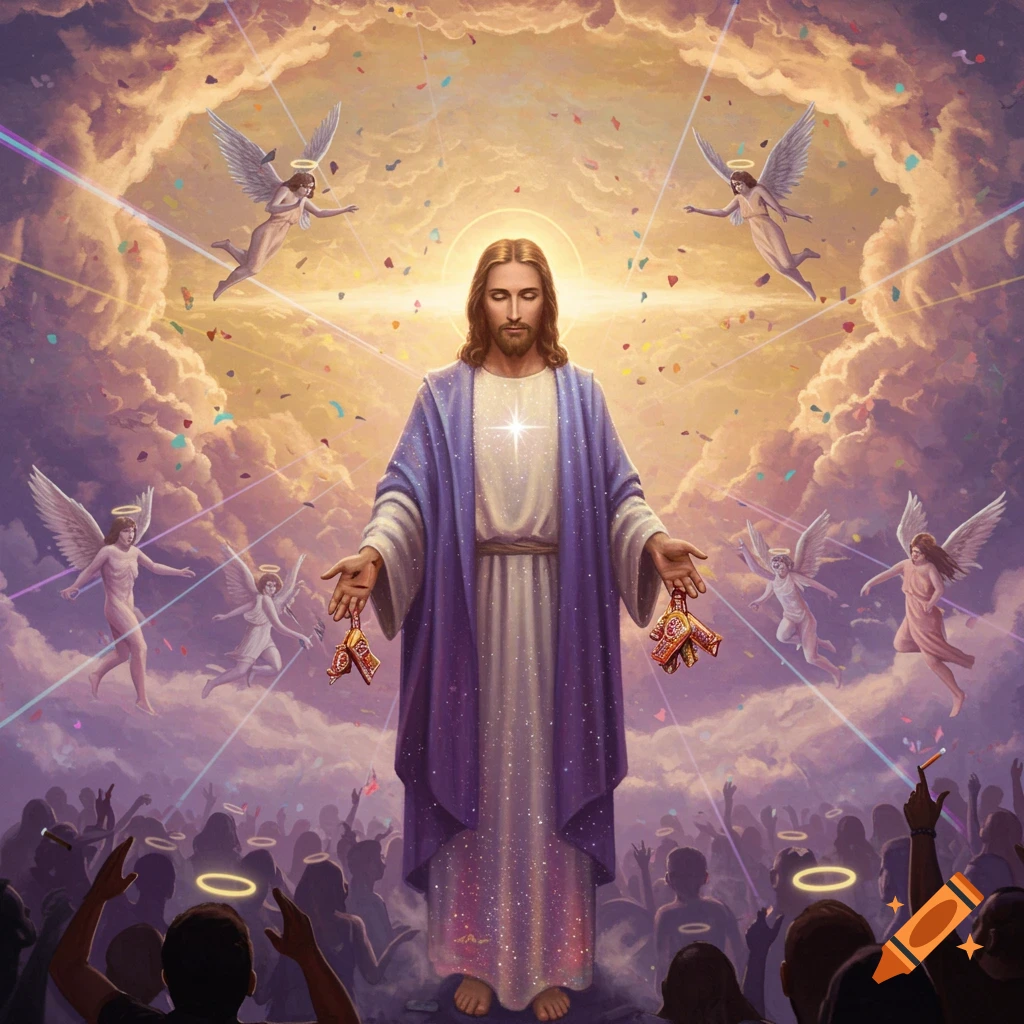 Jesus descends from heaven with angels, holding small packets, over a crowd of people at a rave, with confetti and light rays.