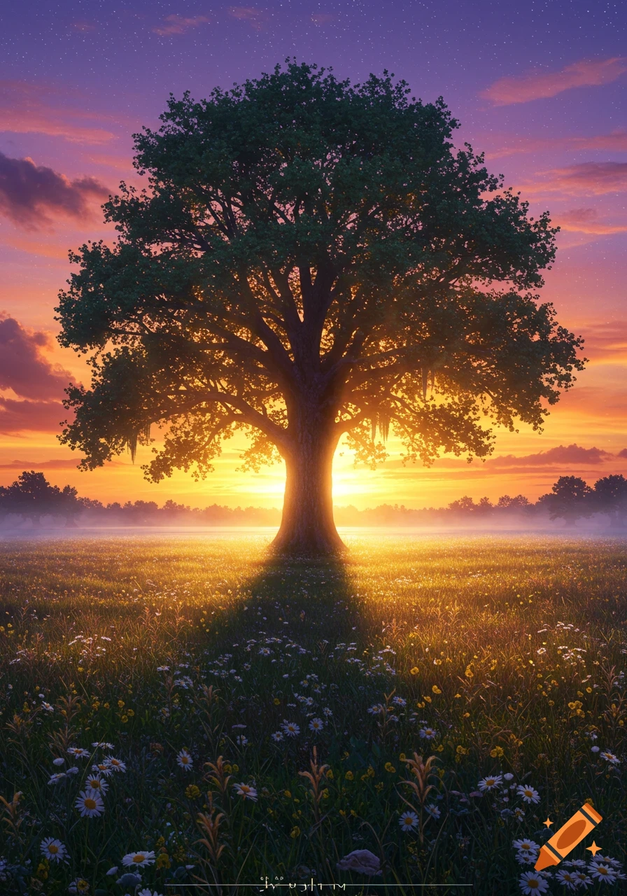 A large tree silhouetted against a vibrant purple and orange sunset sky, casting a long shadow over a field of wildflowers.