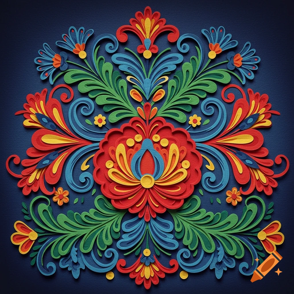 Vibrant symmetrical floral design in Wycinanki paper cut-out style on a dark blue background.