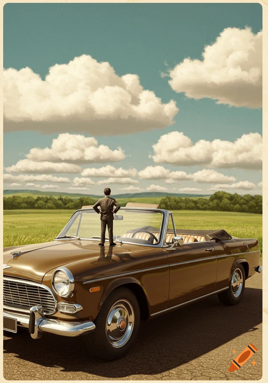A small man in a suit stands on the hood of a vintage brown convertible car in a vast green field under a cloudy blue sky, in an art print style.