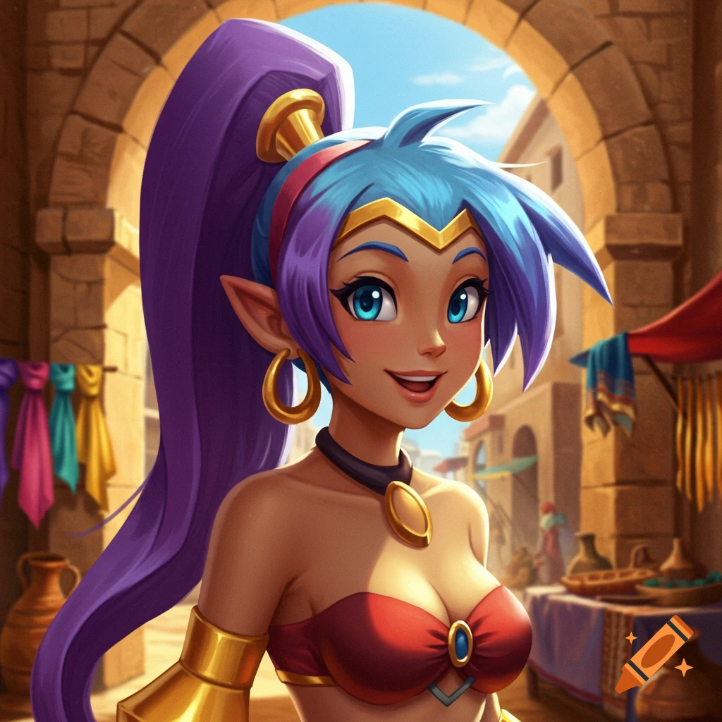 Smiling Shantae with blue hair and purple ponytail, wearing red bra-top and gold jewelry, in a vibrant marketplace with arches.