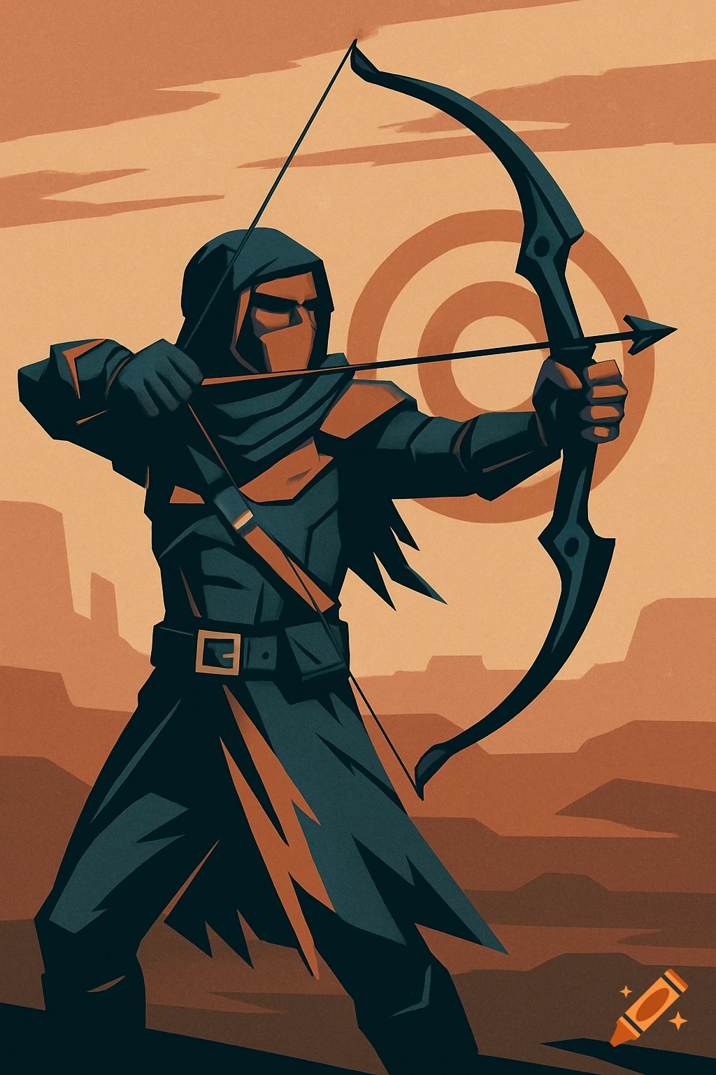 A stylized illustration of a hooded archer aiming a bow with an arrow, against a desert landscape with a target in the background.