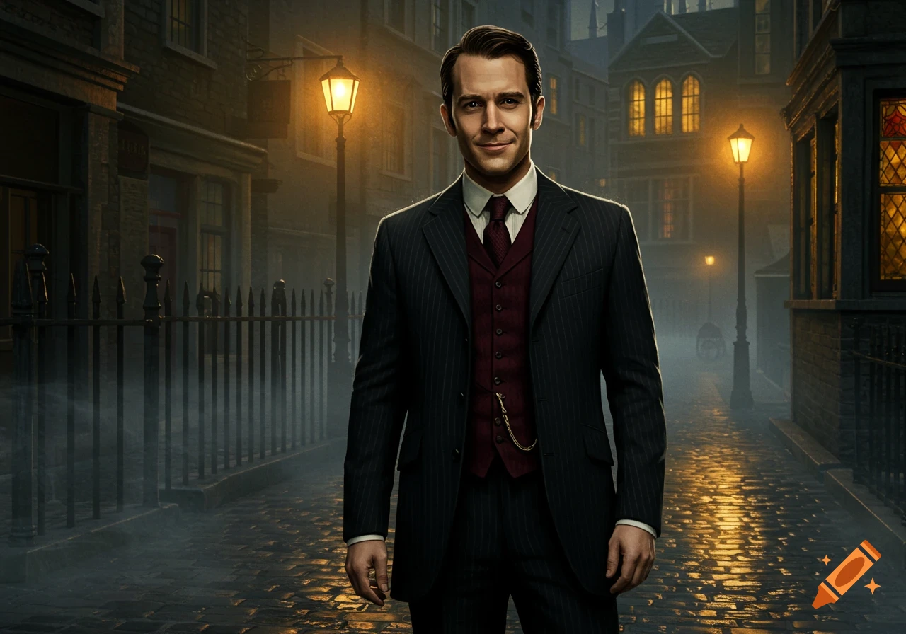 Photorealistic image of a man in a pinstripe suit and burgundy vest standing on a foggy Victorian street.