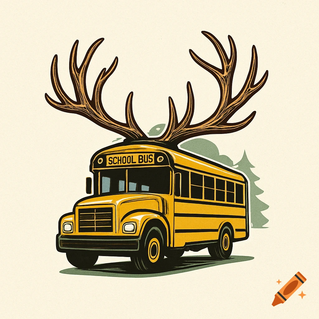 A yellow school bus with large brown deer antlers on its roof, in a clean, illustrative logo style.