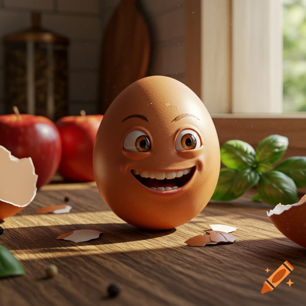 A smiling, anthropomorphic egg stands on a wooden kitchen counter with apples and basil leaves in the background. Photorealistic style.
