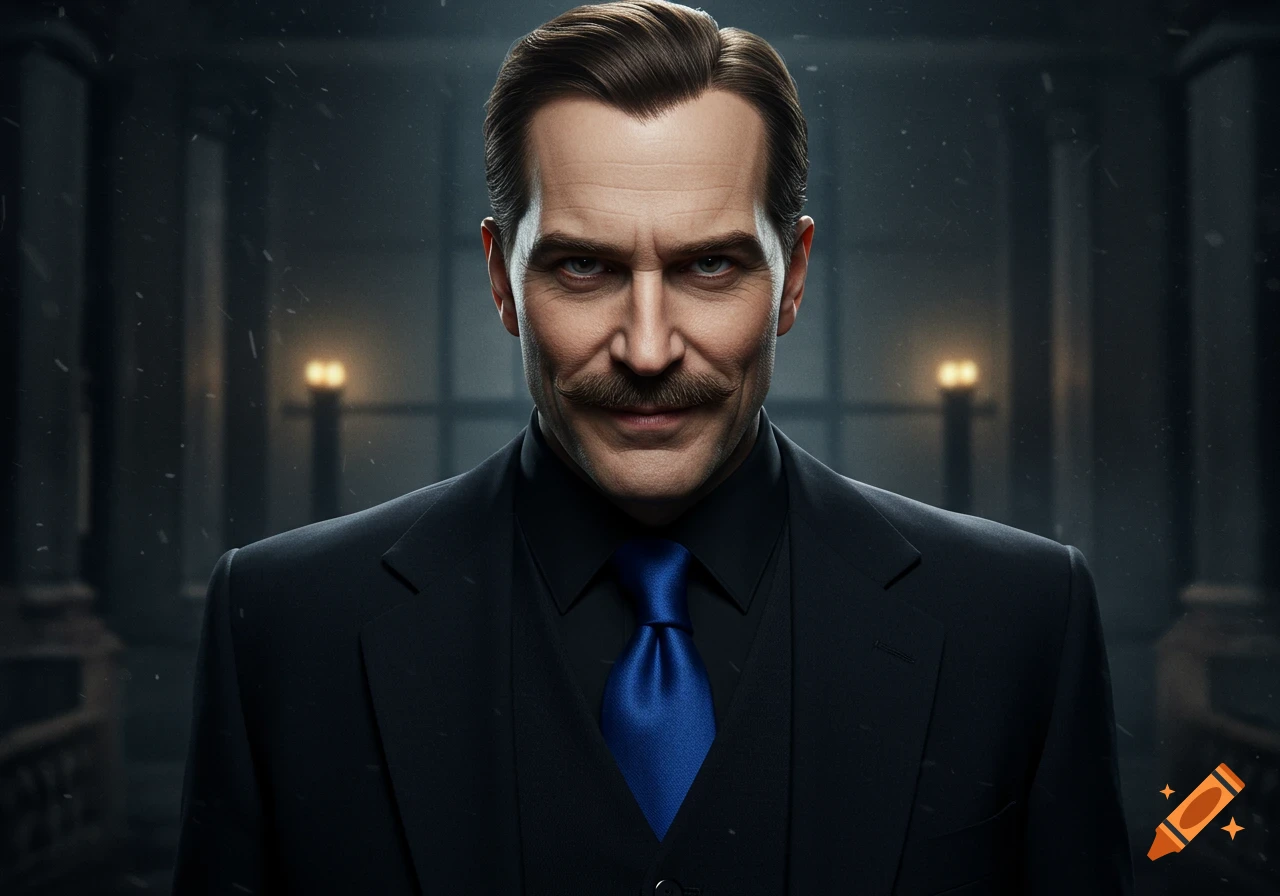A photorealistic portrait of a man with a mustache and slicked-back brown hair, wearing a black suit and blue tie, with a cold smile.