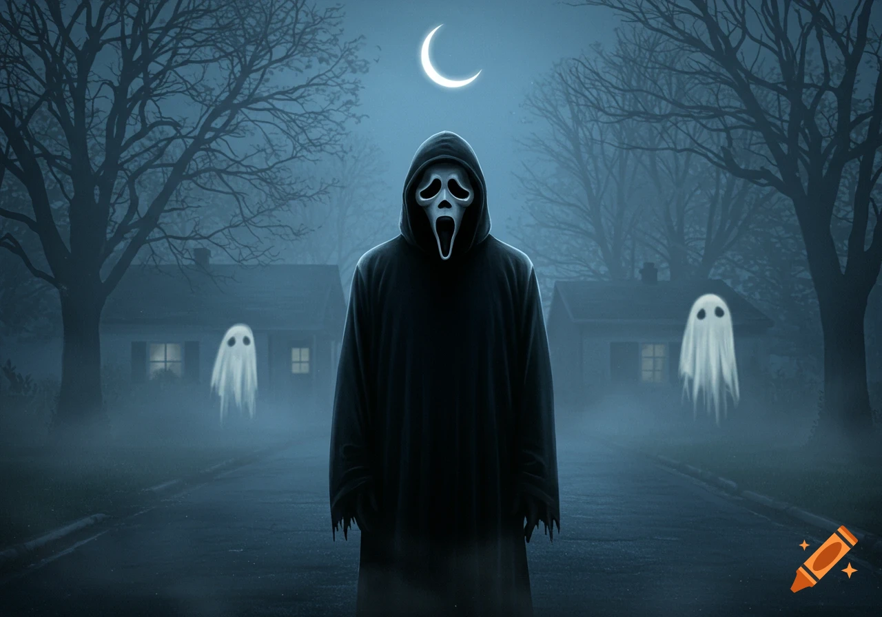 Ghostface stands on a foggy street at night under a crescent moon, with two sheet ghosts and houses in the background.