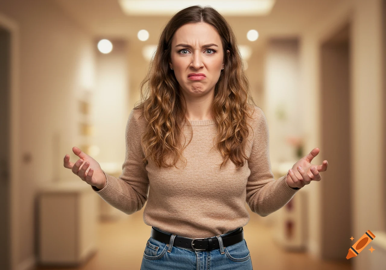 A photorealistic image of a woman with a disgusted expression and hands raised in a shrug, standing indoors.