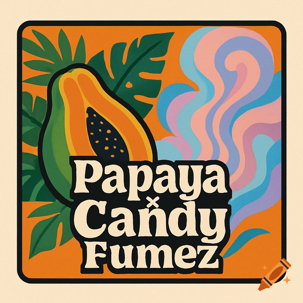 A colorful product label featuring a halved papaya, tropical leaves, and abstract wavy shapes on an orange background, with the text "Papaya x Candy Fumez" in bold, cream-colored font.