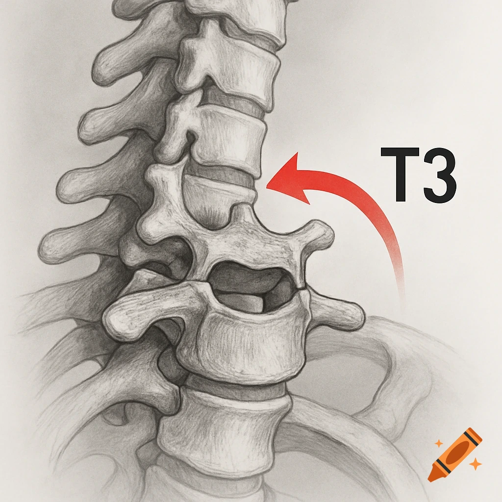 Pencil sketch of a human spine with a red arrow pointing to and labeling the T3 vertebra.