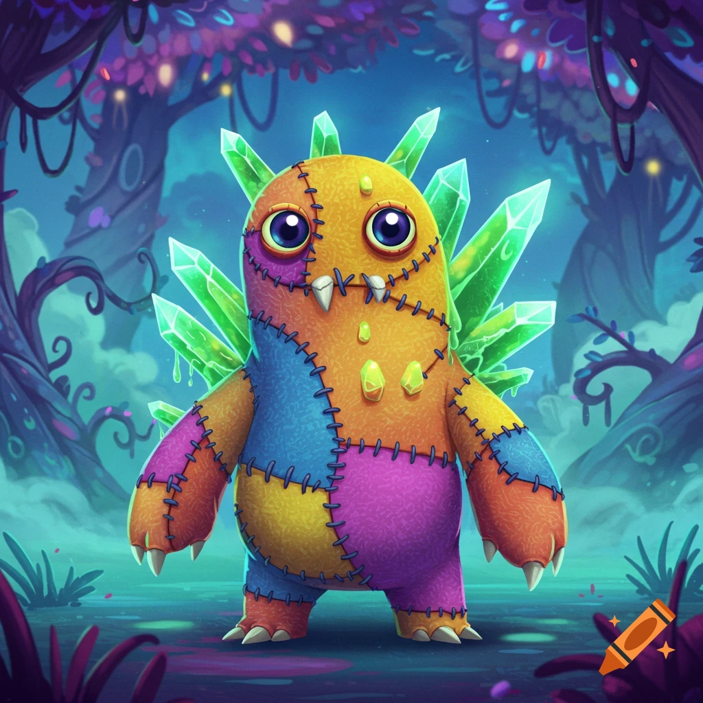 A colorful, patched-up monster with large eyes and green crystals on its back stands in a whimsical, mystical forest.